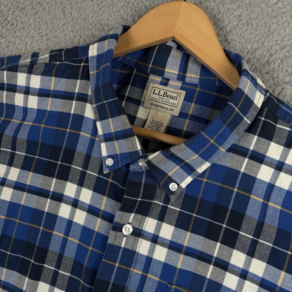 LL Bean Comfort Stretch‎ Oxford Shirt Mens 3XL Tall Blue Plaid Untucked